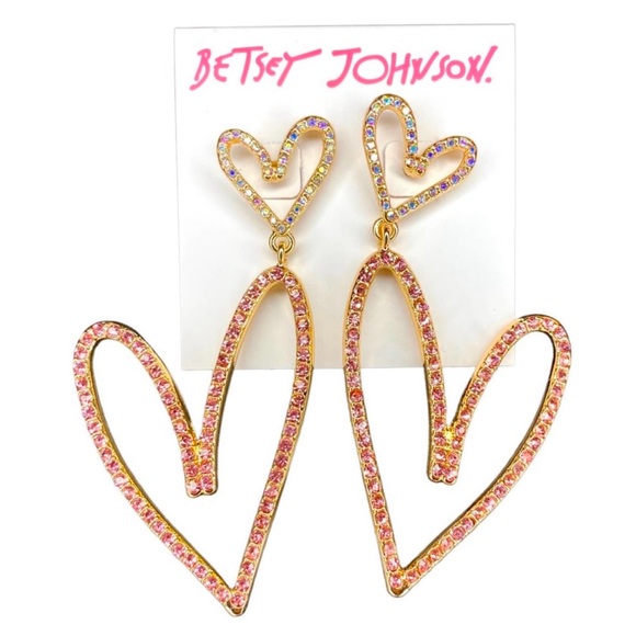Betsey Johnson NWT XOX Crystal-Studded Pavé Double Heart Drop Earrings - Picture 4 of 7